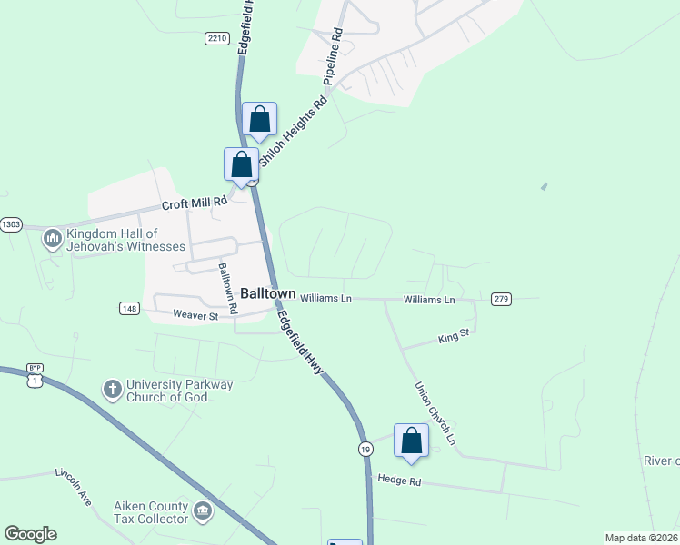 map of restaurants, bars, coffee shops, grocery stores, and more near 1268 Edgefield Highway in Aiken