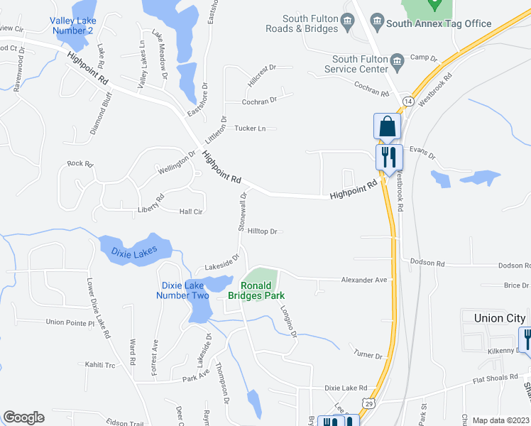 map of restaurants, bars, coffee shops, grocery stores, and more near 5140 Highpoint Road in Union City