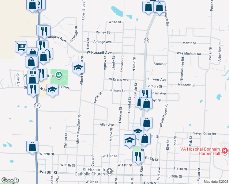 map of restaurants, bars, coffee shops, grocery stores, and more near 1728 Liberty Street in Bonham