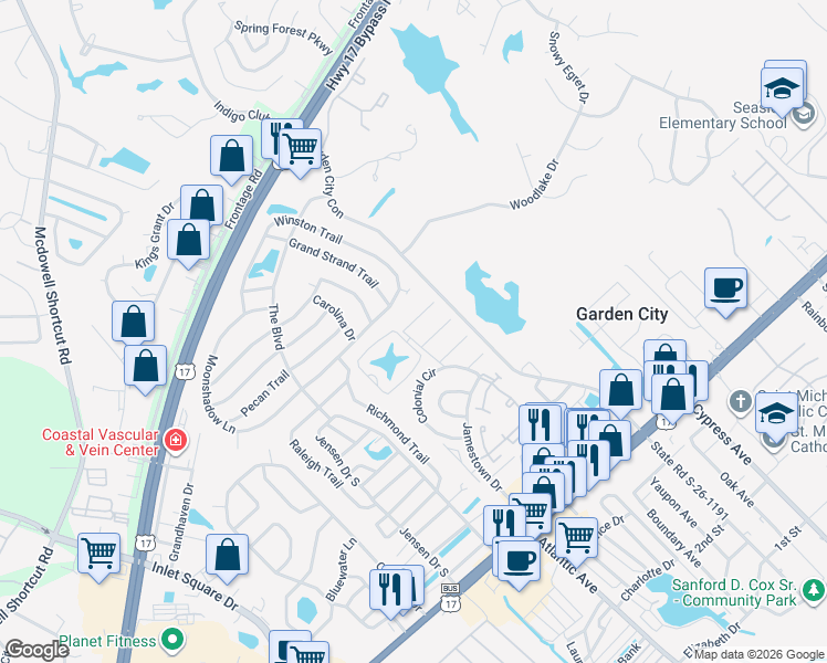 map of restaurants, bars, coffee shops, grocery stores, and more near 5005 Pine Lake Drive in Myrtle Beach