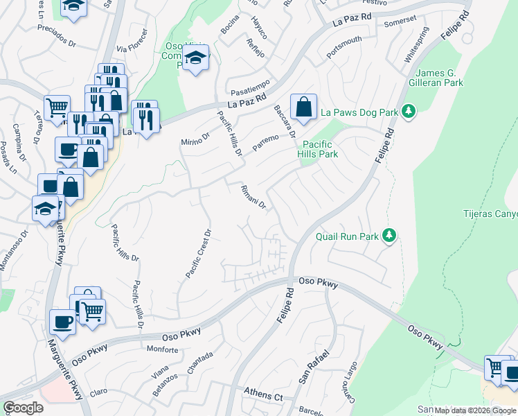 map of restaurants, bars, coffee shops, grocery stores, and more near 35 Rimani Drive in Mission Viejo