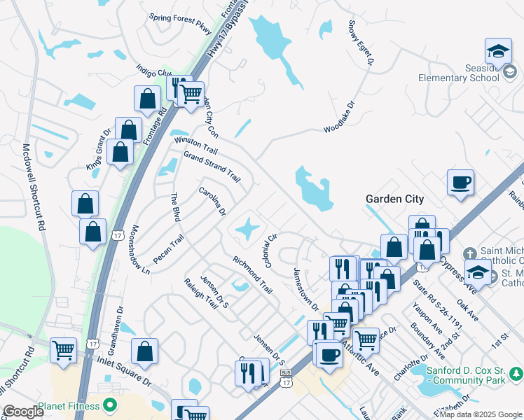 map of restaurants, bars, coffee shops, grocery stores, and more near 400 Cambridge Circle in Murrells Inlet