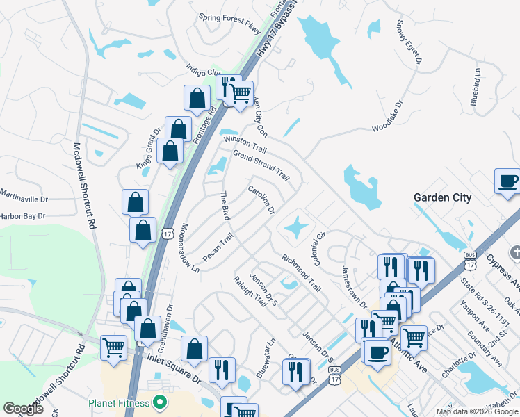 map of restaurants, bars, coffee shops, grocery stores, and more near 3223 Santee Drive in Murrells Inlet