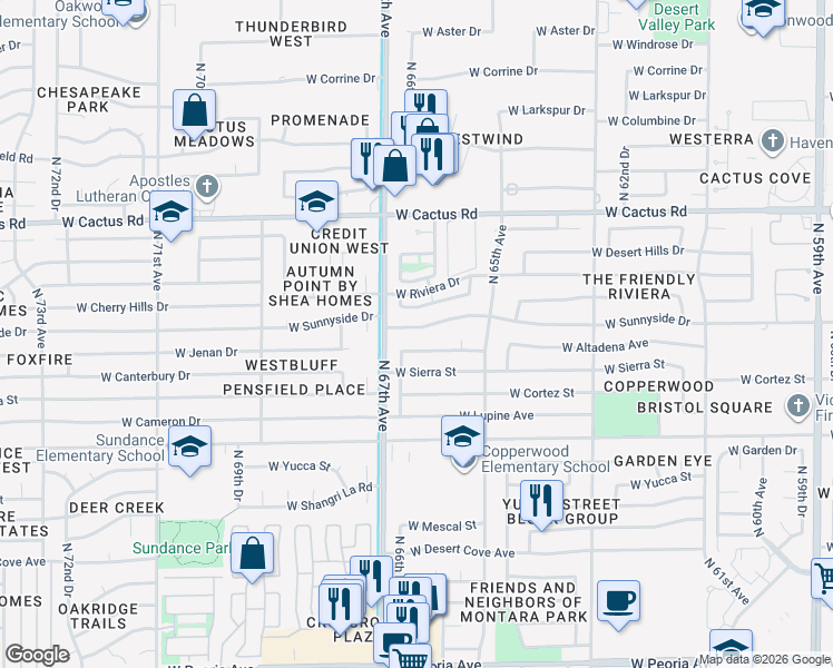 map of restaurants, bars, coffee shops, grocery stores, and more near 6625 West Sunnyside Drive in Glendale