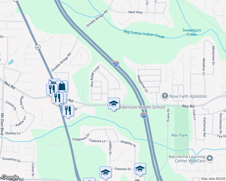 map of restaurants, bars, coffee shops, grocery stores, and more near 5943 Rex Ridge Court in Rex