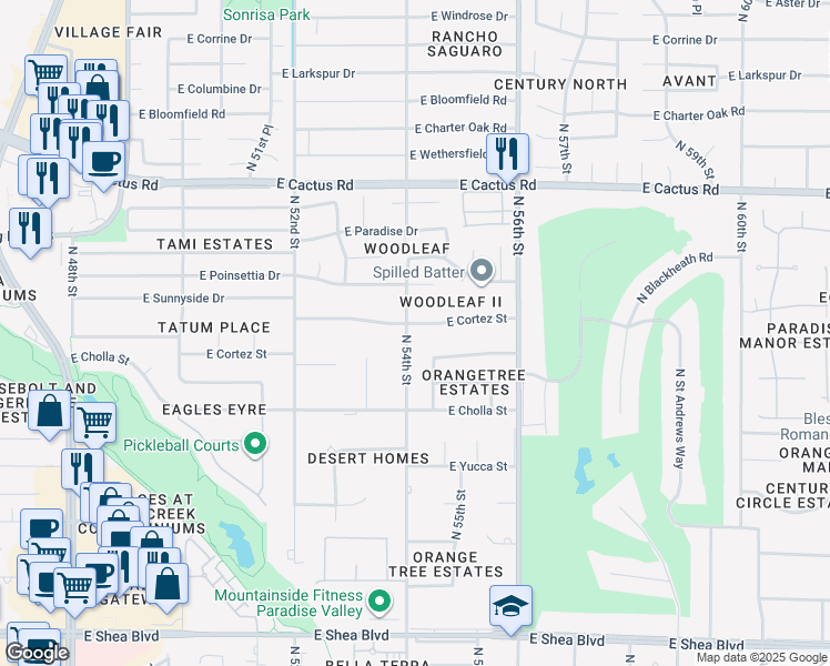 map of restaurants, bars, coffee shops, grocery stores, and more near 5401 East Cortez Drive in Scottsdale