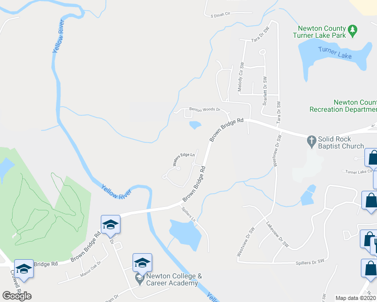 map of restaurants, bars, coffee shops, grocery stores, and more near 95 Waters Edge Lane in Covington