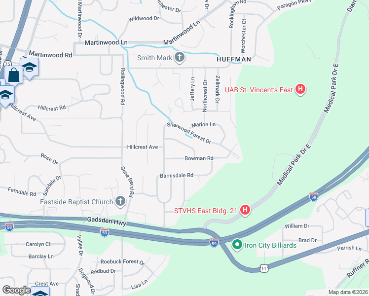 map of restaurants, bars, coffee shops, grocery stores, and more near 1125 Little John Lane in Birmingham
