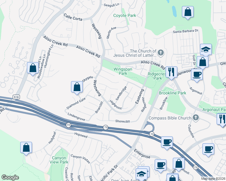 map of restaurants, bars, coffee shops, grocery stores, and more near 40 Coppercrest in Aliso Viejo