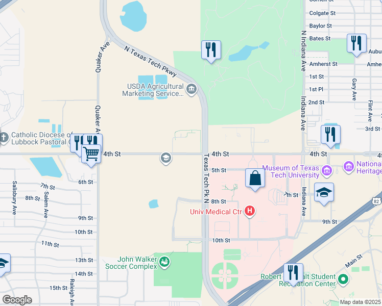 map of restaurants, bars, coffee shops, grocery stores, and more near 3710 4th Street in Lubbock