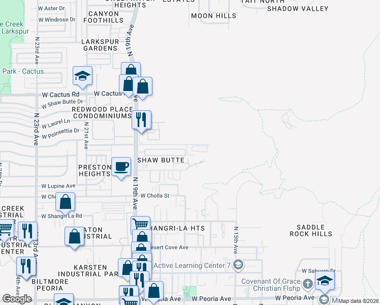 map of restaurants, bars, coffee shops, grocery stores, and more near 1601 West Sunnyside Avenue in Phoenix
