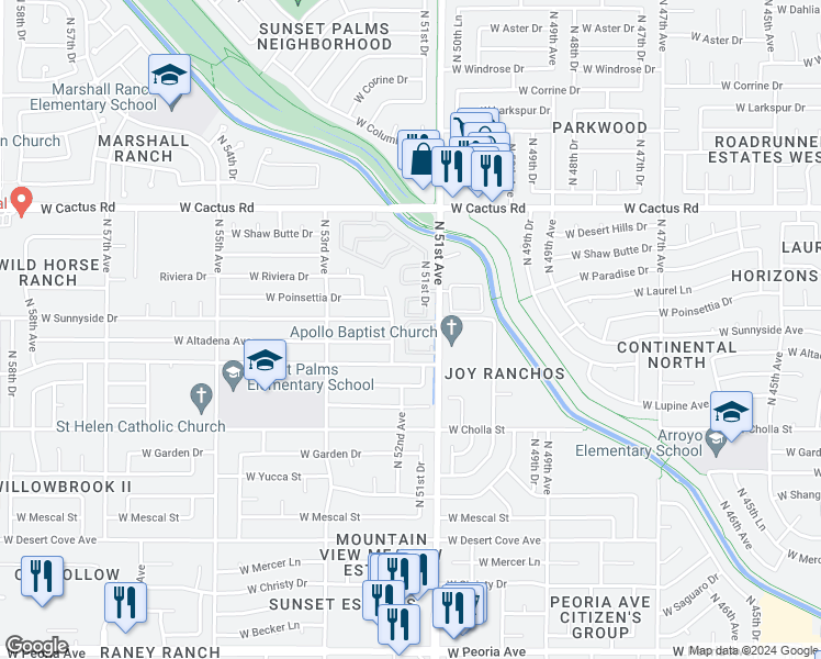 map of restaurants, bars, coffee shops, grocery stores, and more near 11633 North 52nd Avenue in Glendale