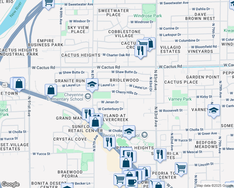 map of restaurants, bars, coffee shops, grocery stores, and more near 8567 North 86th Lane in Peoria