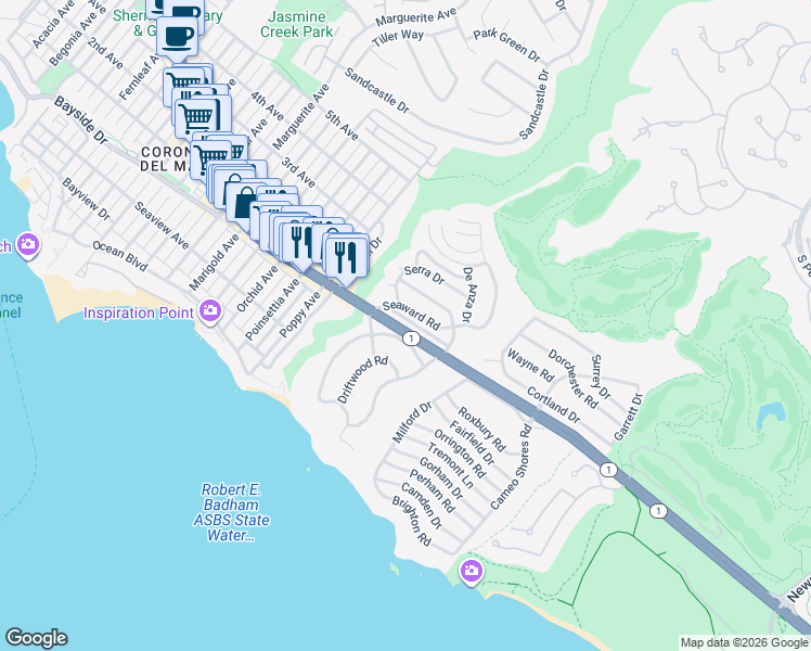 map of restaurants, bars, coffee shops, grocery stores, and more near 4148 Shorecrest Lane in Newport Beach