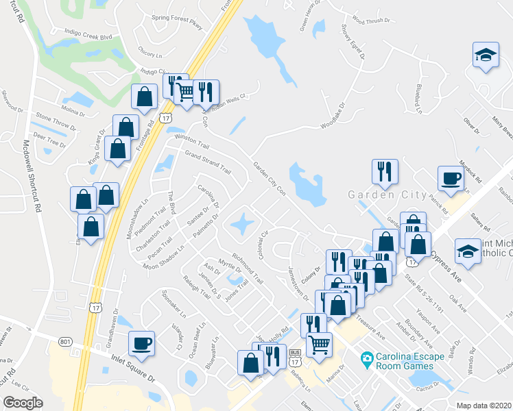 map of restaurants, bars, coffee shops, grocery stores, and more near 5005 Pine Lake Drive in Myrtle Beach