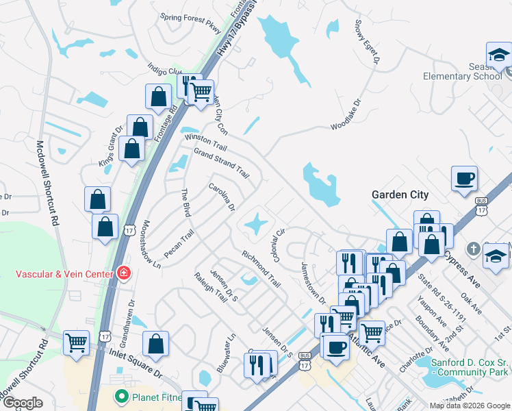 map of restaurants, bars, coffee shops, grocery stores, and more near 5005 Pine Lake Drive in Myrtle Beach