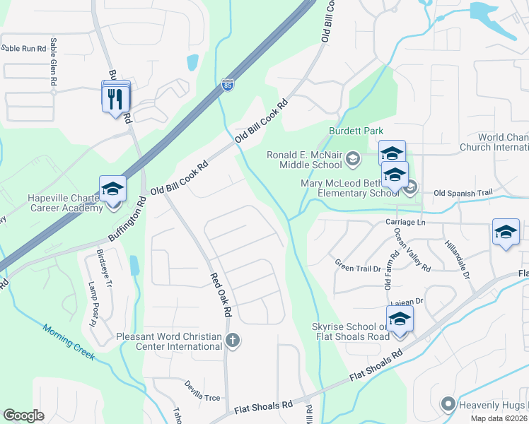 map of restaurants, bars, coffee shops, grocery stores, and more near 6032 Riveroak Terrace in Atlanta