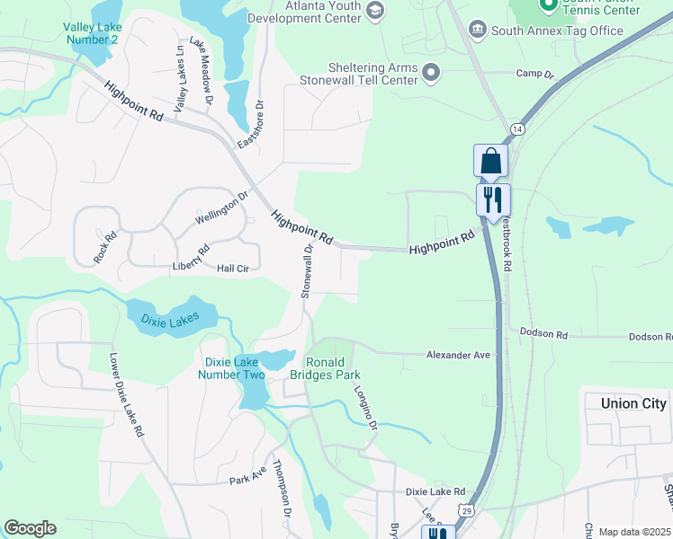 map of restaurants, bars, coffee shops, grocery stores, and more near 5140 Highpoint Road in Union City