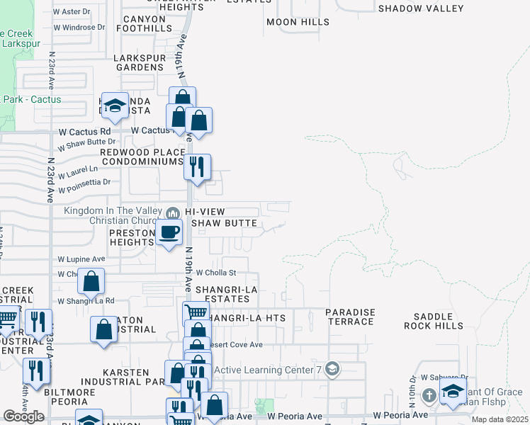 map of restaurants, bars, coffee shops, grocery stores, and more near 1601 West Sunnyside Avenue in Phoenix