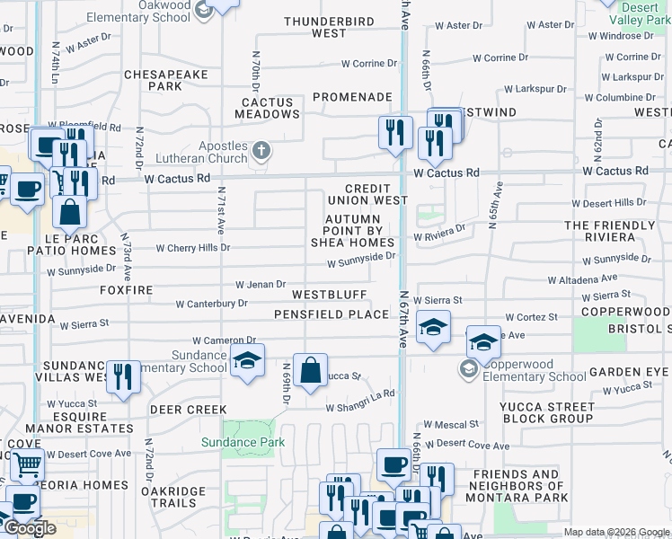 map of restaurants, bars, coffee shops, grocery stores, and more near 6833 West Sunnyside Drive in Peoria
