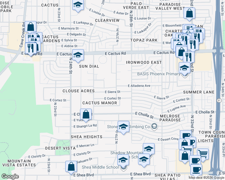 map of restaurants, bars, coffee shops, grocery stores, and more near 2636 East Sierra Street in Phoenix