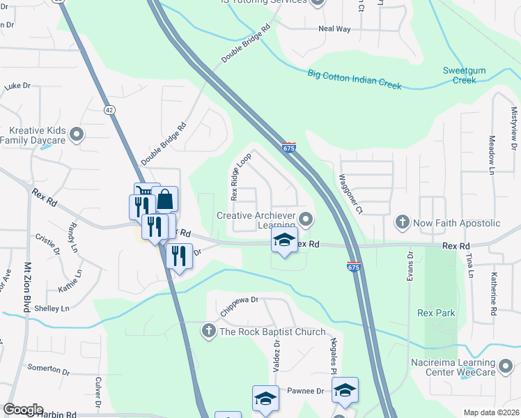 map of restaurants, bars, coffee shops, grocery stores, and more near 3154 Rex Ridge Circle in Rex