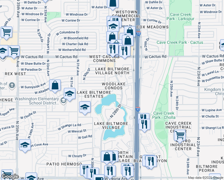 map of restaurants, bars, coffee shops, grocery stores, and more near 11666 North 28th Drive in Phoenix