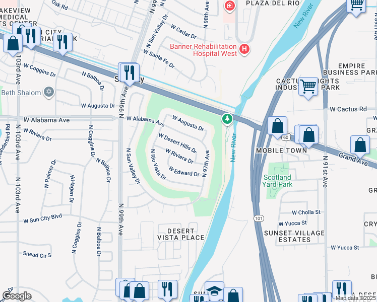 map of restaurants, bars, coffee shops, grocery stores, and more near 9727 West Desert Hills Drive in Sun City