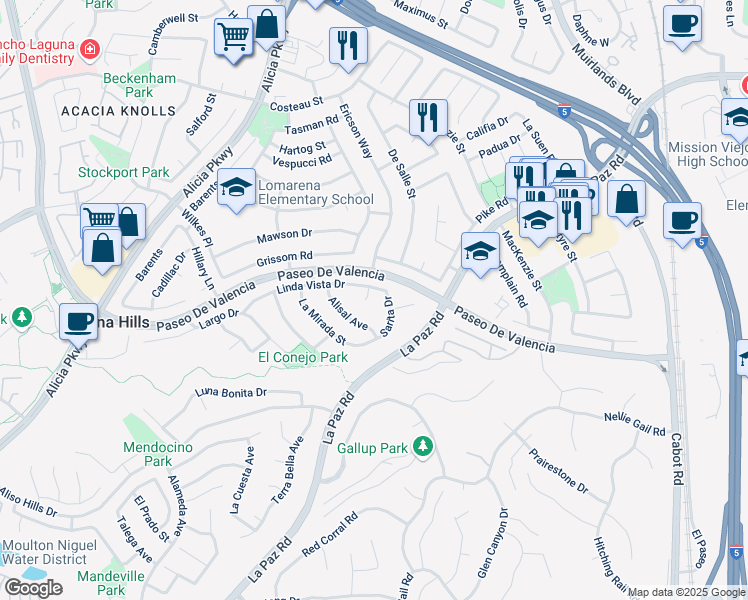 map of restaurants, bars, coffee shops, grocery stores, and more near 25372 Linda Vista Drive in Laguna Hills