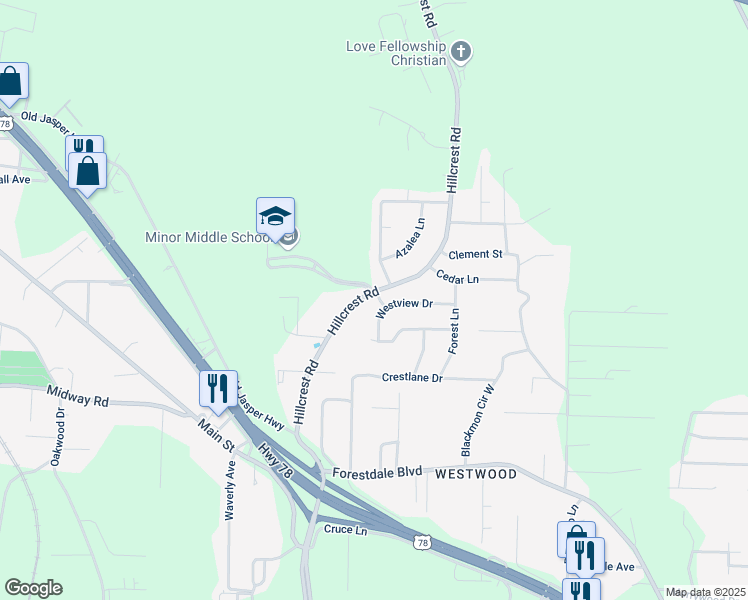 map of restaurants, bars, coffee shops, grocery stores, and more near 3012 Westview Ln in Adamsville