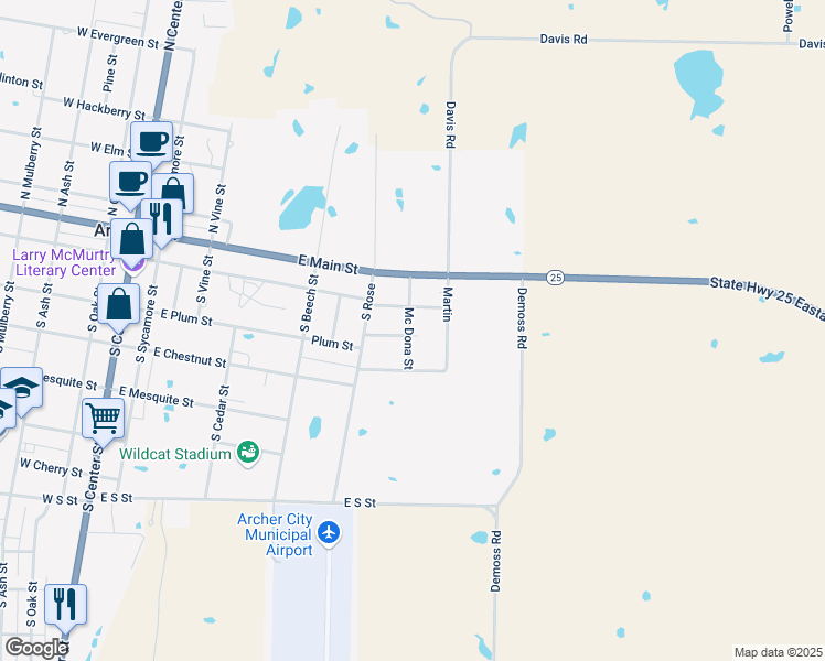map of restaurants, bars, coffee shops, grocery stores, and more near 202 Mc Dona Street in Archer City