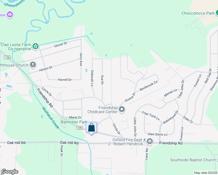 map of restaurants, bars, coffee shops, grocery stores, and more near 2104 Cheatwood Drive in Oxford