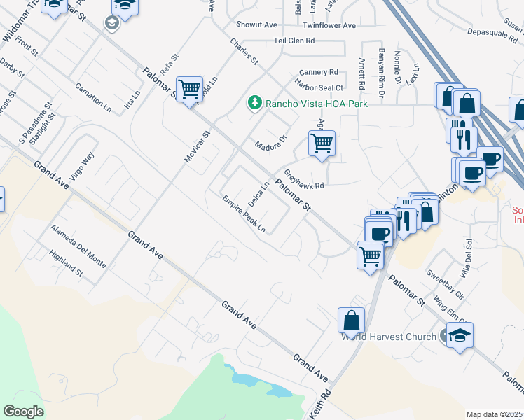 map of restaurants, bars, coffee shops, grocery stores, and more near 26367 Poppy Field Court in Wildomar