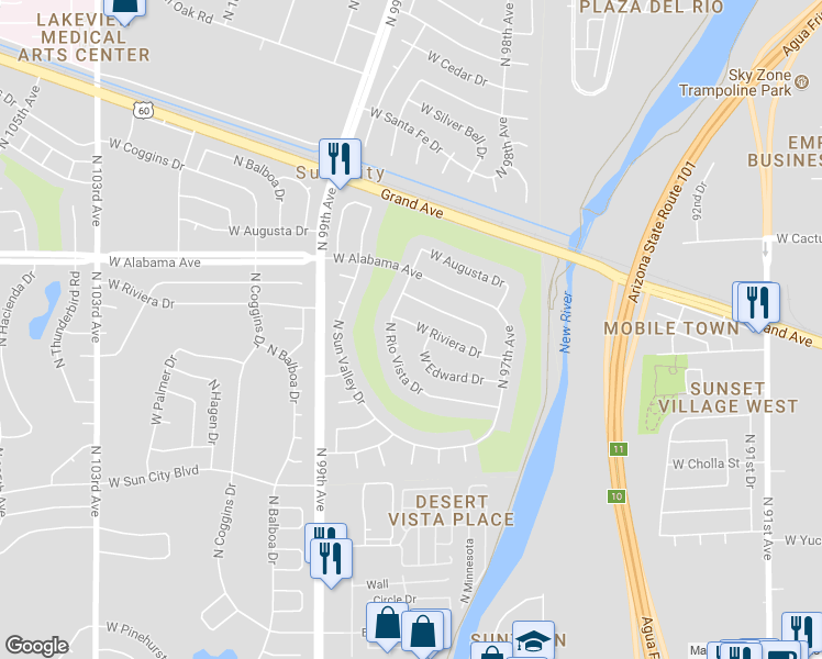 map of restaurants, bars, coffee shops, grocery stores, and more near 9747 West Riviera Drive in Sun City