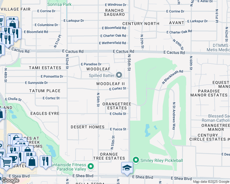 map of restaurants, bars, coffee shops, grocery stores, and more near 5437 East Cortez Drive in Scottsdale