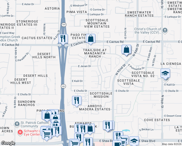 map of restaurants, bars, coffee shops, grocery stores, and more near 9025 East Altadena Avenue in Scottsdale