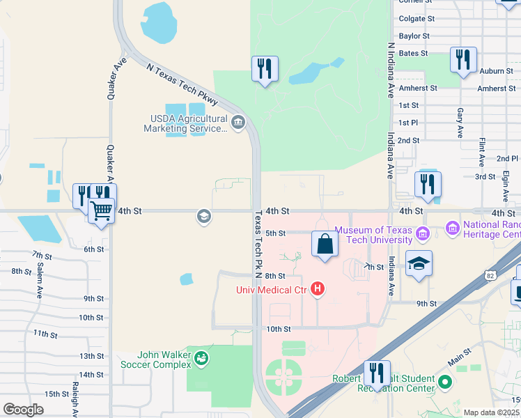 map of restaurants, bars, coffee shops, grocery stores, and more near 402 Texas Tech Parkway in Lubbock