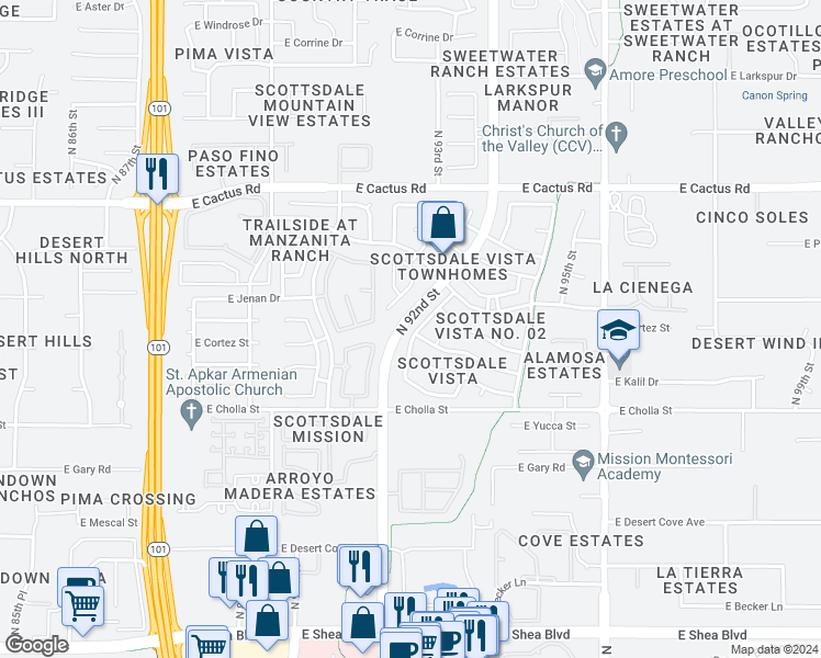 map of restaurants, bars, coffee shops, grocery stores, and more near 11684 North 93rd Place in Scottsdale
