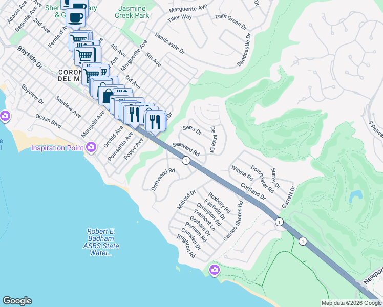 map of restaurants, bars, coffee shops, grocery stores, and more near 454 Seaward Road in Newport Beach