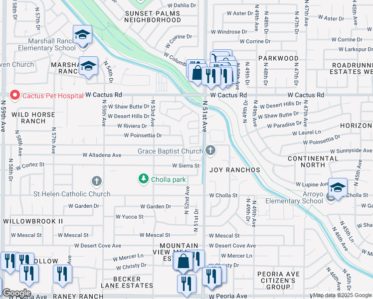 map of restaurants, bars, coffee shops, grocery stores, and more near 11633 N 52nd Ave in Glendale