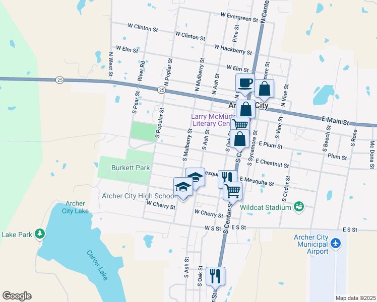 map of restaurants, bars, coffee shops, grocery stores, and more near 314 West Chestnut Street in Archer City