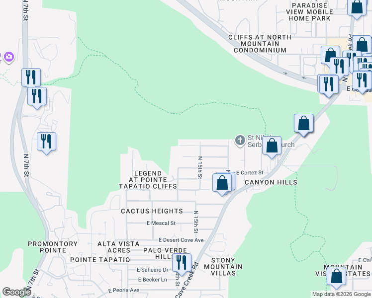 map of restaurants, bars, coffee shops, grocery stores, and more near 1413 East Sunnyside Drive in Phoenix