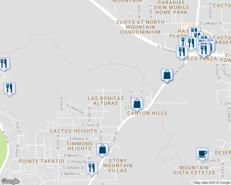map of restaurants, bars, coffee shops, grocery stores, and more near 1537 East Sunnyside Drive in Phoenix