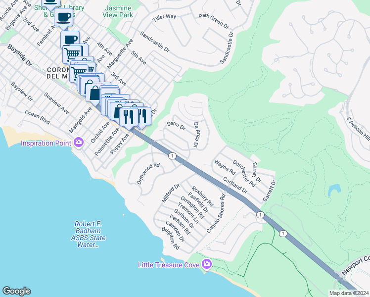 map of restaurants, bars, coffee shops, grocery stores, and more near 461 Seaward Road in Newport Beach