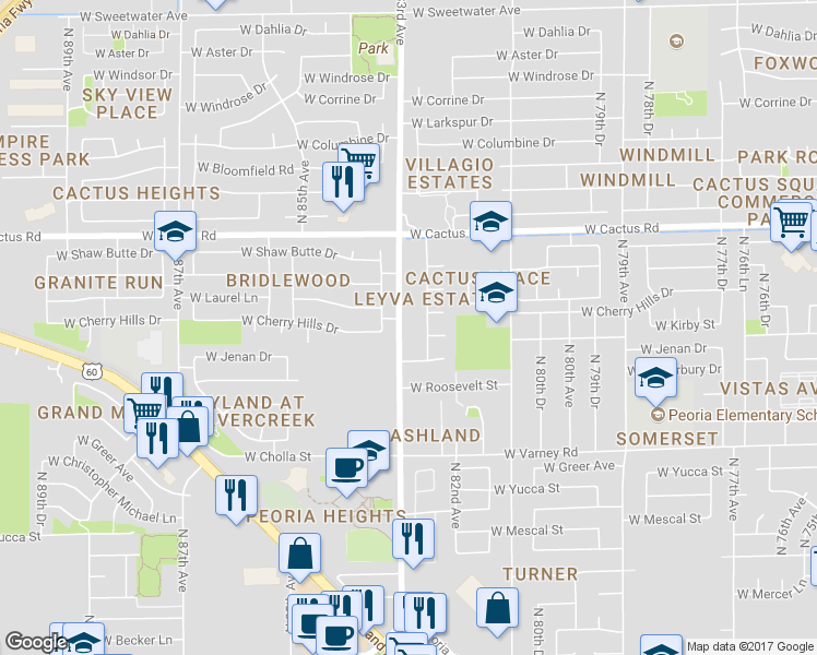 map of restaurants, bars, coffee shops, grocery stores, and more near 11825 North 83rd Avenue in Peoria
