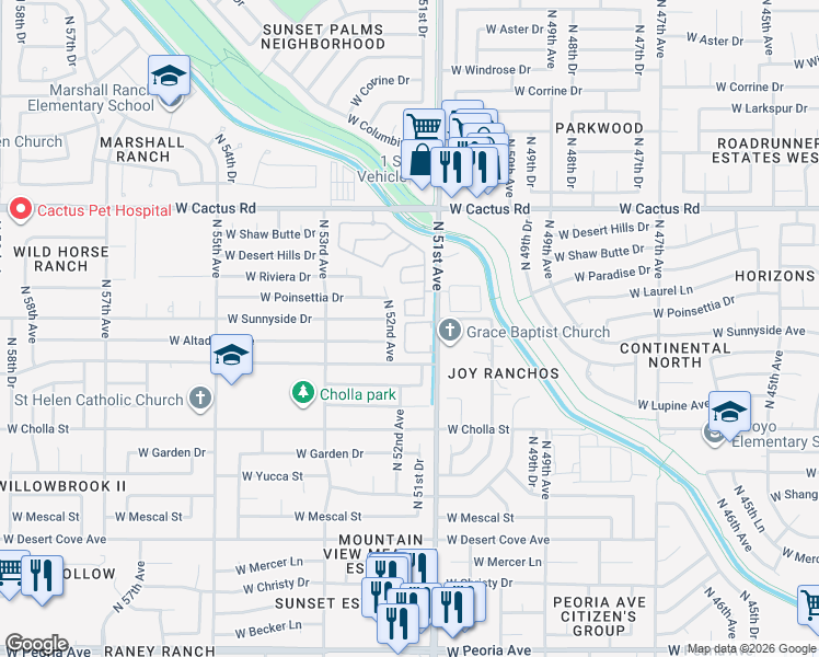 map of restaurants, bars, coffee shops, grocery stores, and more near 11633 North 52nd Avenue in Glendale