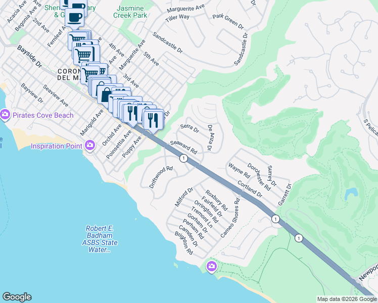 map of restaurants, bars, coffee shops, grocery stores, and more near 461 Seaward Road in Newport Beach