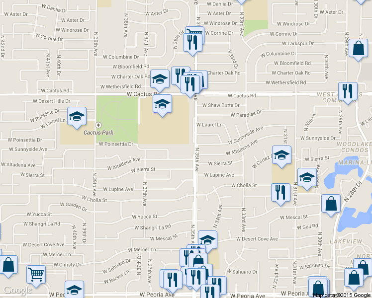 map of restaurants, bars, coffee shops, grocery stores, and more near 11650 N 35th Ave in Phoenix