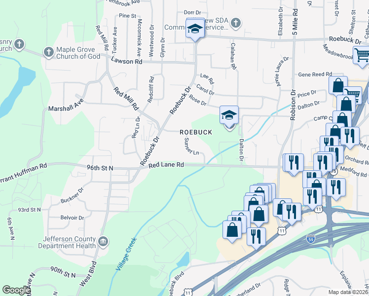 map of restaurants, bars, coffee shops, grocery stores, and more near 18 Sunset Lane in Birmingham