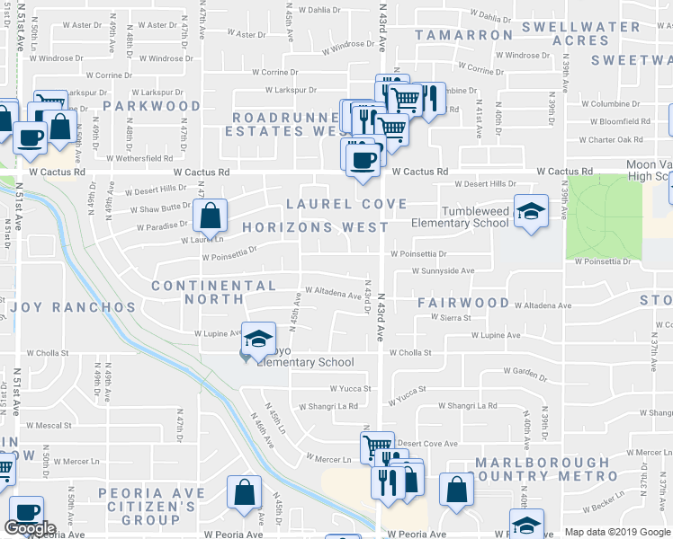 map of restaurants, bars, coffee shops, grocery stores, and more near 4402 West Sunnyside Avenue in Glendale